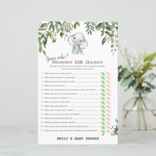 Papier Safari Jungle Elephant Baby shower Jeu IMPRIMÉ (Debout devant)