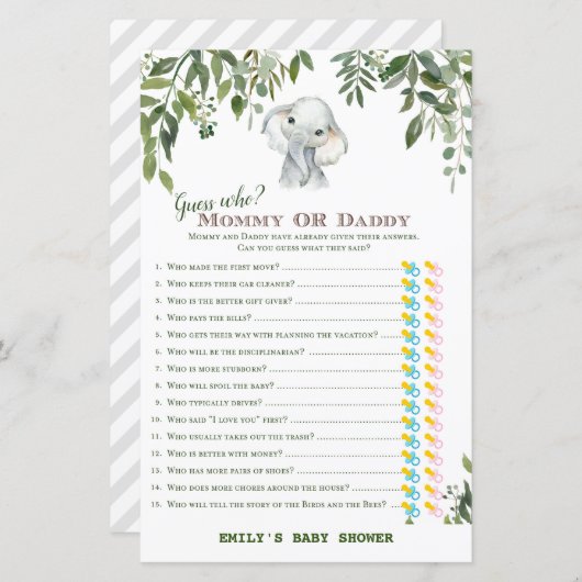 Papier Safari Jungle Elephant Baby shower Jeu IMPRIMÉ (Devant / Derrière)