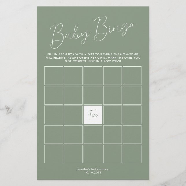 Papier Sage Green Baby Shower Bingo Game (Devant)