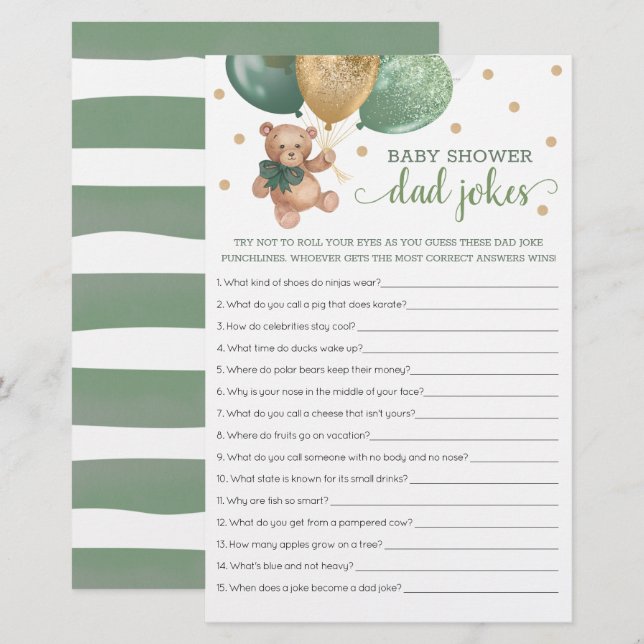 Papier Sage Green Baby shower Papa Blagues Jeu Teddy Bear (Devant / Derrière)