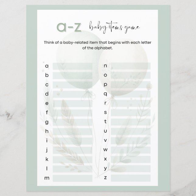 Papier Sage Green Bear A à Z Baby Items Baby shower Jeu (Devant)