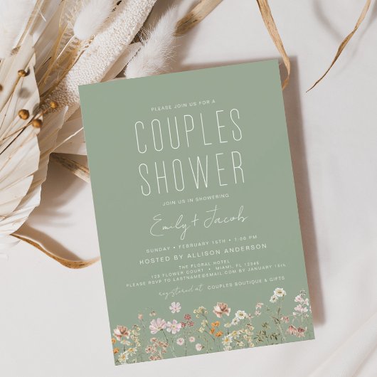 Papier Sage Green Couples Douche Fleur sauvage Invitation