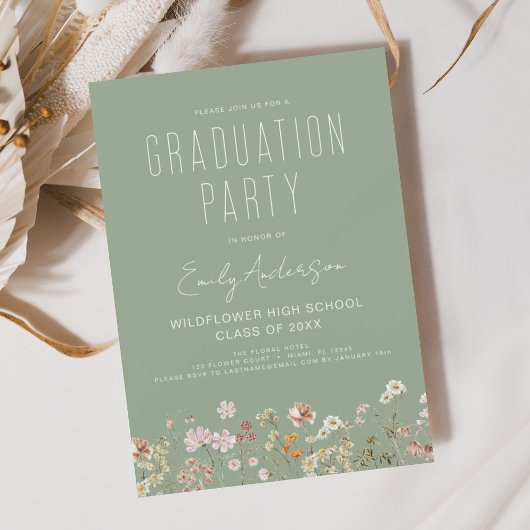 Papier Sage Green Fleur sauvage Graduation Party Invitati