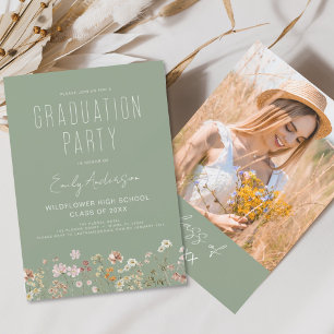 Papier Sage Green Fleur sauvage Graduation Party Invitati