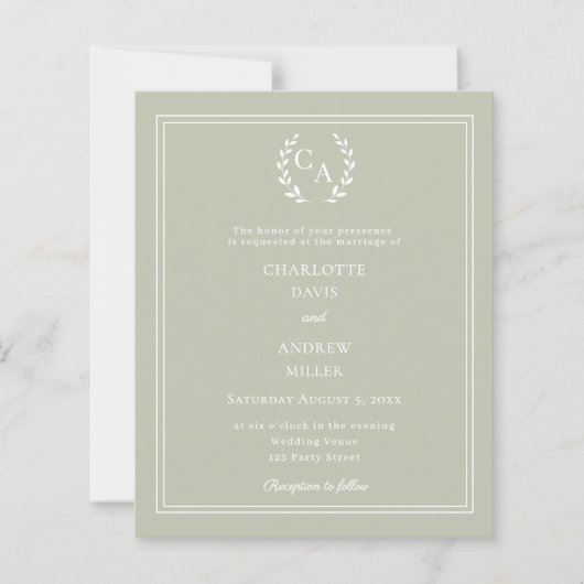 Papier Sage green monogram wreath wedding invitation (Devant)