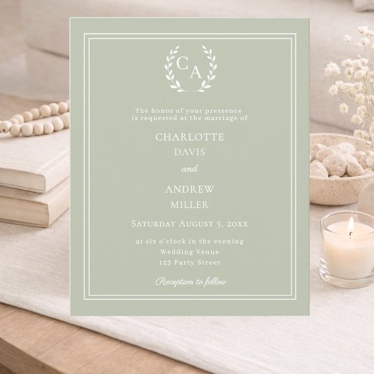 Papier Sage green monogram wreath wedding invitation