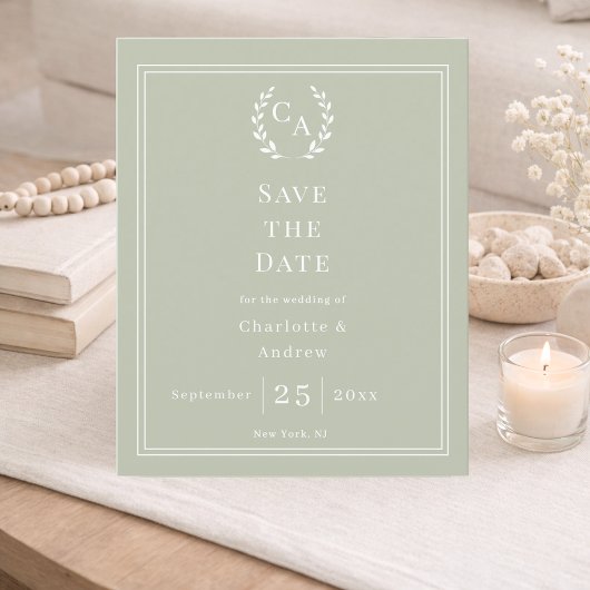 Papier Sage green monogram wreath wedding Save the Date 