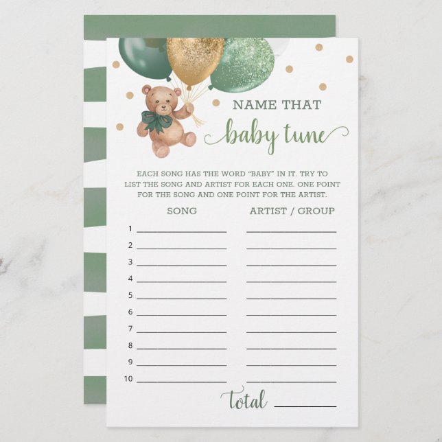 Papier Sage Green Nom Que Bébé Tune Jeu Teddy Ours (Devant / Derrière)