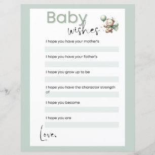 Papier Sage Green Ours Bébé Voeux Baby shower Jeu