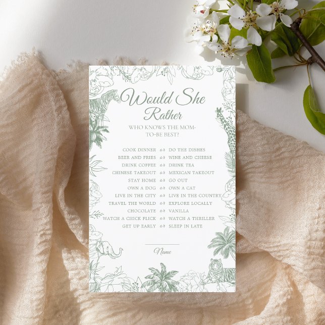Papier Sage Green Safari Baby Shower Would She Rather (Créateur téléchargé)