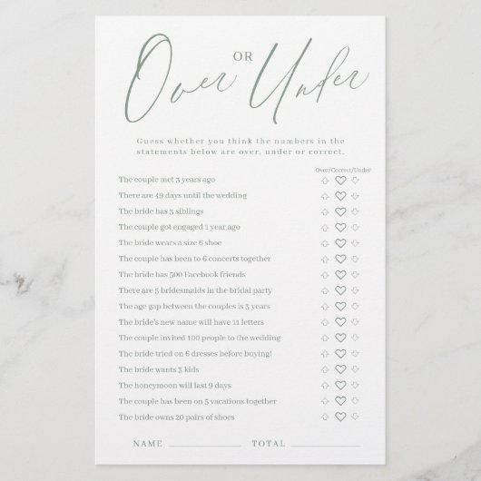Papier Sage green script Over or Under nuptiale (Devant)