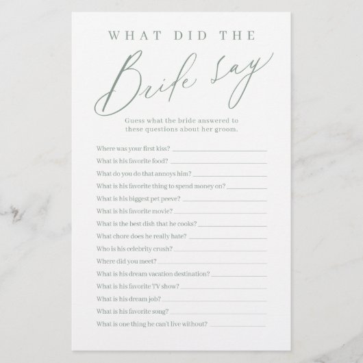 Papier Sage green script qu'a dit la mariée jeu (Devant)