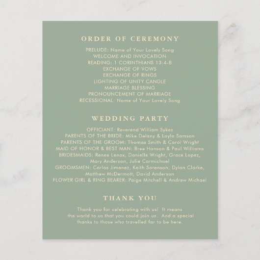 Papier Sage Green Simple Modern Wedding Program (Dos)