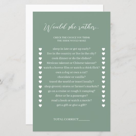 Papier Sage Green Voudrait Elle Plutôt Fête des mariées J (Devant / Derrière)