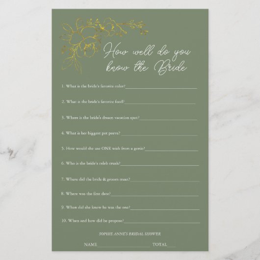 Papier Sage Green Who Knows The Bride Shower Game (Devant)