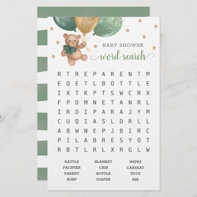 Papier Sage Green Word Recherche Scramble Jeu Teddy Bear (Devant / Derrière)