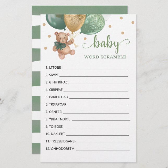 Papier Sage Green Word Scramble Jeu Teddy Bear (Devant / Derrière)