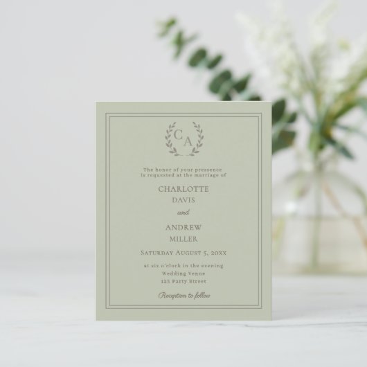 Papier Sage green wreath monogram wedding invitation (Debout devant)