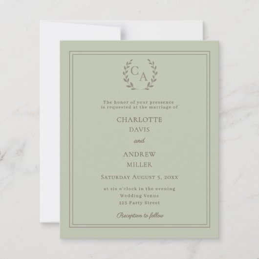 Papier Sage green wreath monogram wedding invitation (Devant)