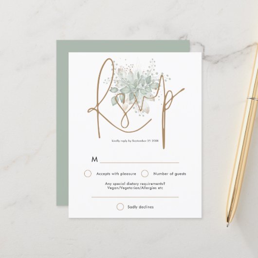 Papier Sage Mariage Budget Sage Gold Script RSVP (Devant/Arrière en situation)