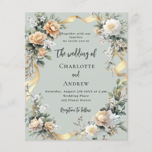 Papier Sage vert fleurons or faire-part de mariage (Devant)