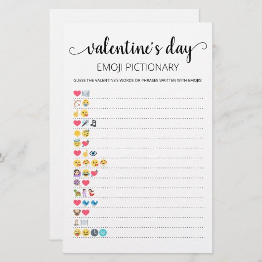 Papier Saint Valentin Emoji Pictionary jeu avec réponses (Devant / Derrière)