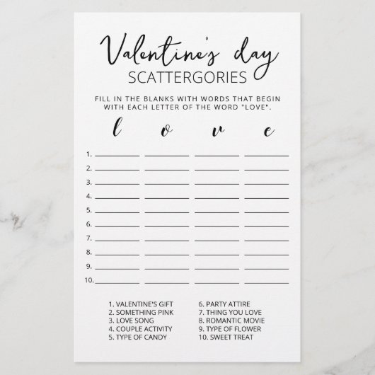 Papier Saint Valentin Scattergories jeu modifiable (Devant)