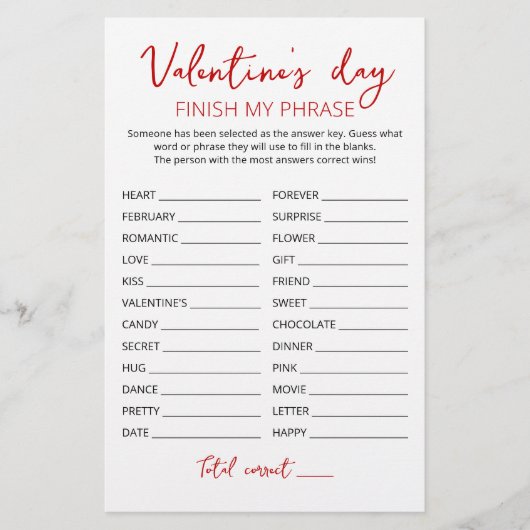 Papier Saint Valentin Terminer mon phrase Editable jeu (Devant)