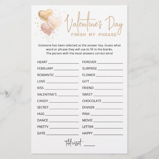 Papier Saint Valentin Terminer mon phrase Editable jeu (Devant)