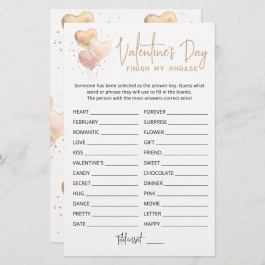 Papier Saint Valentin Terminer mon phrase Editable jeu (Devant / Derrière)