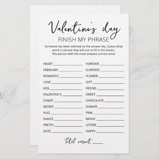 Papier Saint Valentin Terminer mon phrase Editable jeu (Devant / Derrière)