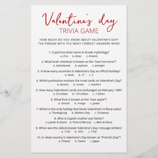 Papier Saint Valentin Trivia Jeu avec réponses (Devant)