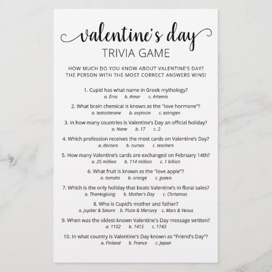 Papier Saint Valentin Trivia Jeu avec réponses (Devant)