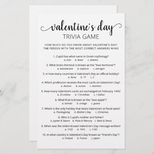 Papier Saint Valentin Trivia Jeu avec réponses (Devant / Derrière)