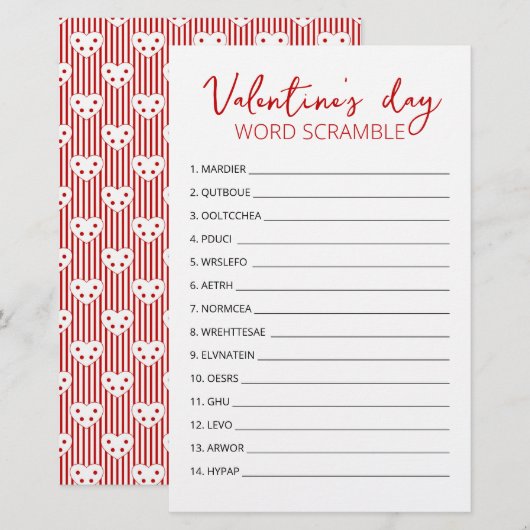 Papier Saint Valentin Word Scramble Jeu partie (Devant / Derrière)