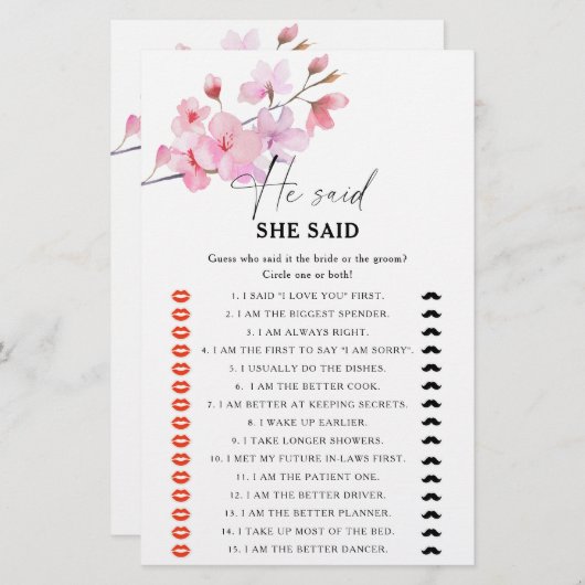 Papier Sakura - Il a dit qu'elle a dit jeu de douche nupt (Devant / Derrière)