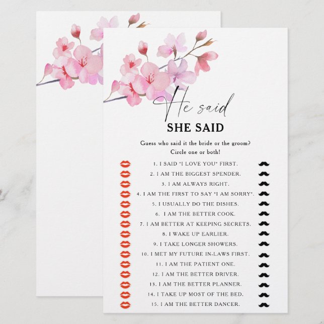 Papier Sakura - Jeu de baby shower 'Il a dit, elle a dit' (Devant / Derrière)