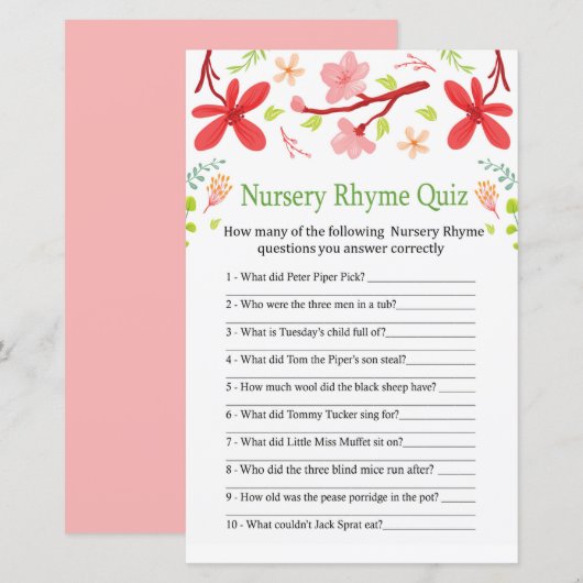 Papier Sakura Nursery Rhyme Quiz jeu de baby shower (Devant / Derrière)