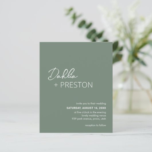 Papier Salage minimal Vert Moderne Budget Mariage Inviter (Debout devant)