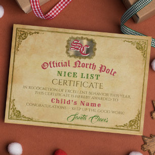 Papier Santa Claus Nice Liste Signé Certificat de Noël