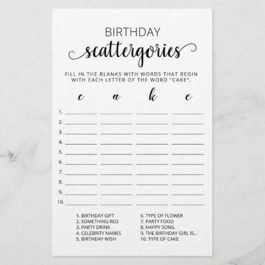 Papier Scattergories Anniversaire jeu modifiable (Devant)