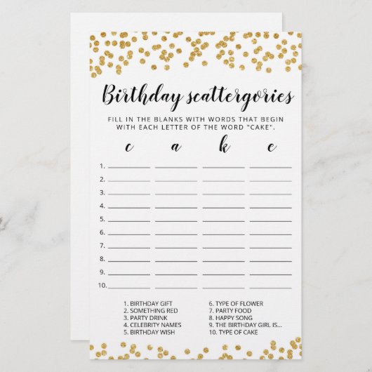 Papier Scattergories Anniversaire jeu modifiable (Devant / Derrière)