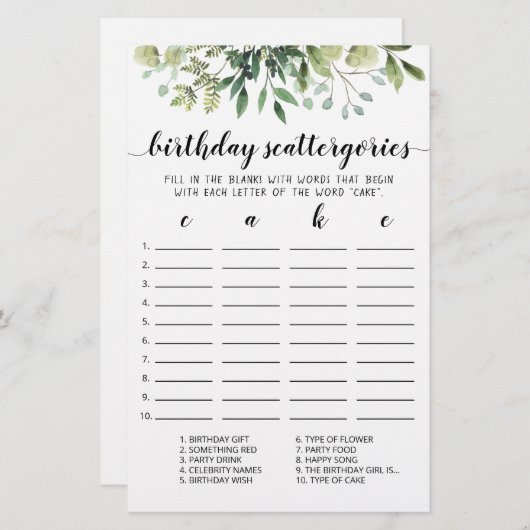 Papier Scattergories Anniversaire jeu modifiable (Devant / Derrière)