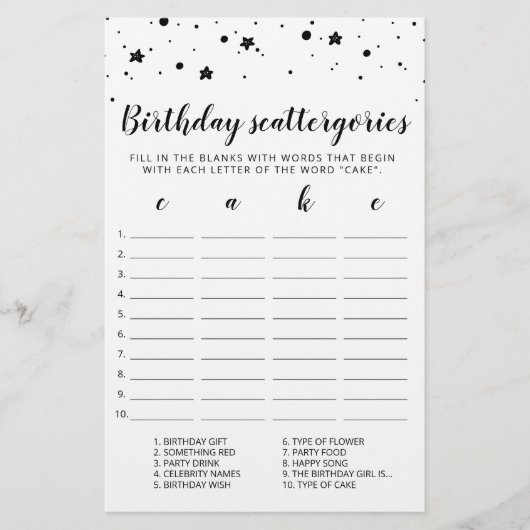 Papier Scattergories Anniversaire jeu modifiable (Devant)