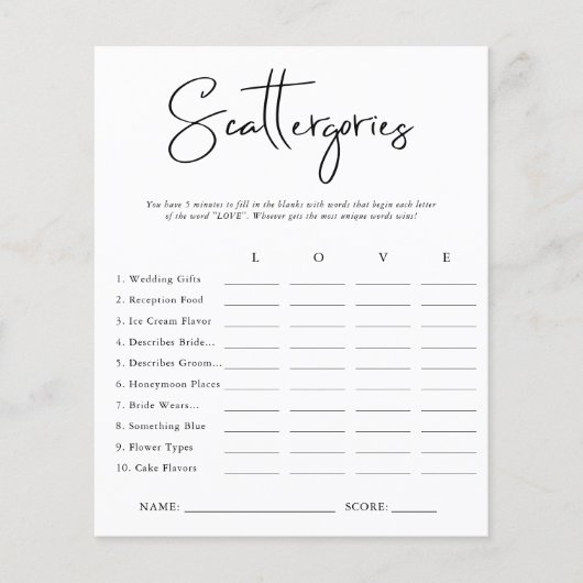Papier Scattergories | Jeu de Fête des mariées (Devant)