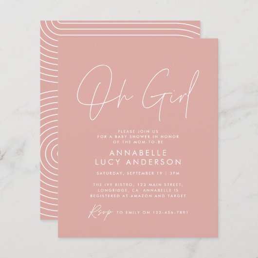 Papier scénario de fête prénatale pour bébé fille budget (Devant / Derrière)