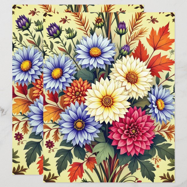Papier scrapbook Bouquet d'Automne Asters et Dahli (Devant / Derrière)