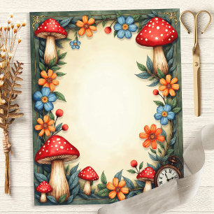 Papier scrapbook Champignons d'Alice et Horloge