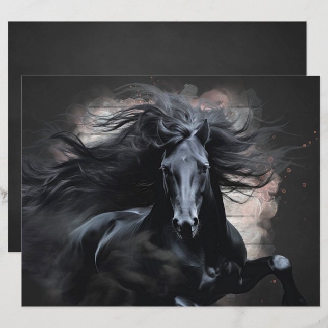 Papier scrapbook Cheval Frison noir (Devant / Derrière)