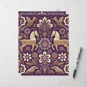 Papier Scrapbook d'art populaire scandinave violet et or